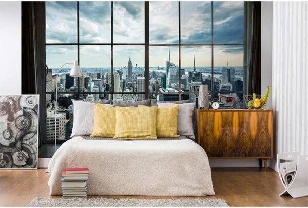 DIMEX | Vliesové fototapety na stenu Pohľad z okna na Manhattan MS-5-0009 | 375 x 250 cm | šedá, modrá, viacfarebná