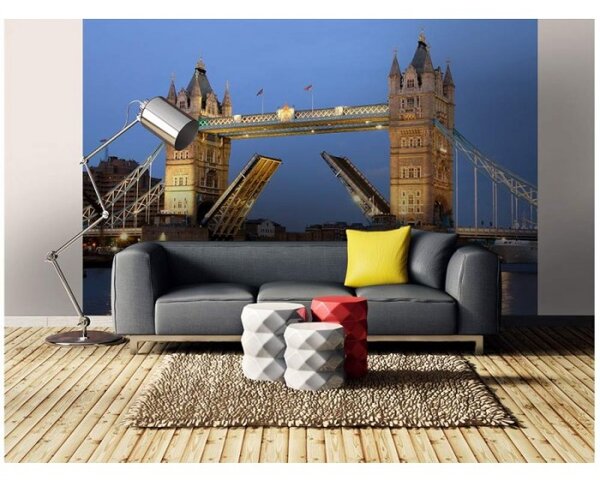 DIMEX | Vliesové fototapety na stenu Tower Bridge v noci MS-5-0021 | 375 x 250 cm | modrá, béžová, žltá, hnedá