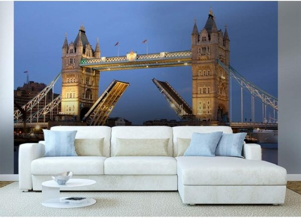 DIMEX | Vliesové fototapety na stenu Tower Bridge v noci MS-5-0021 | 375 x 250 cm | modrá, béžová, žltá, hnedá