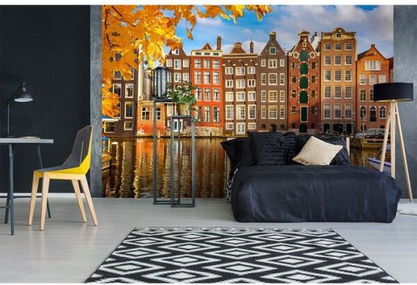 DIMEX | Vliesové fototapety na stenu Domy v Amsterdame MS-5-0024 | 375 x 250 cm | modrá, biela, oranžová, hnedá
