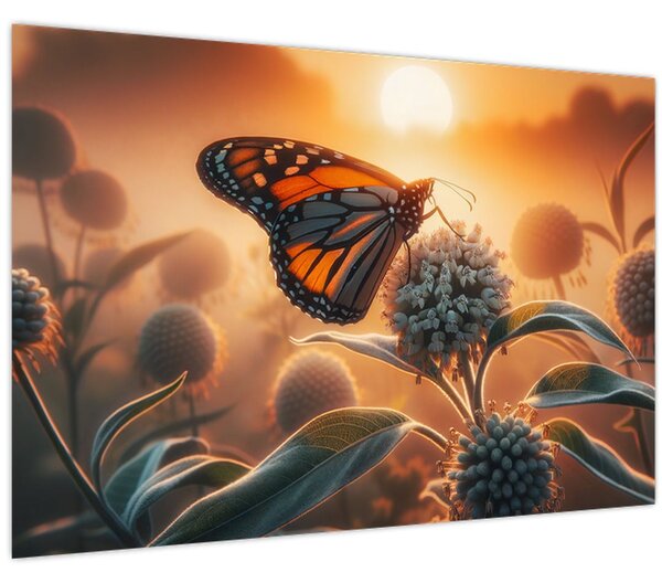 Obraz – Motýľ v zapadajúcom slnku (90x60 cm)