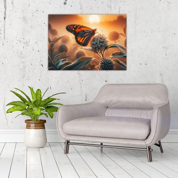 Obraz – Motýľ v zapadajúcom slnku (70x50 cm)
