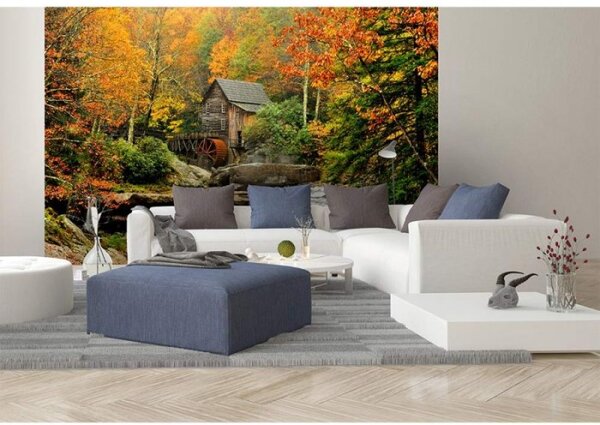 DIMEX | Vliesové fototapety na stenu Mlyn v lese MS-5-0056 | 375 x 250 cm | oranžová, hnedá, zelená