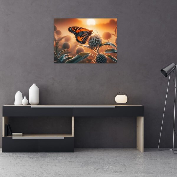 Obraz – Motýľ v zapadajúcom slnku (70x50 cm)