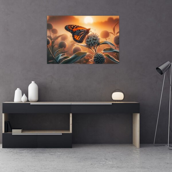 Obraz – Motýľ v zapadajúcom slnku (90x60 cm)