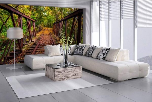 DIMEX | Vliesové fototapety na stenu Železnice v lese MS-5-0055 | 375 x 250 cm | hnedá, zelená, žltá