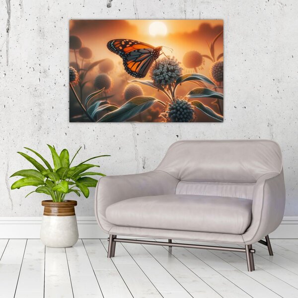 Obraz – Motýľ v zapadajúcom slnku (90x60 cm)