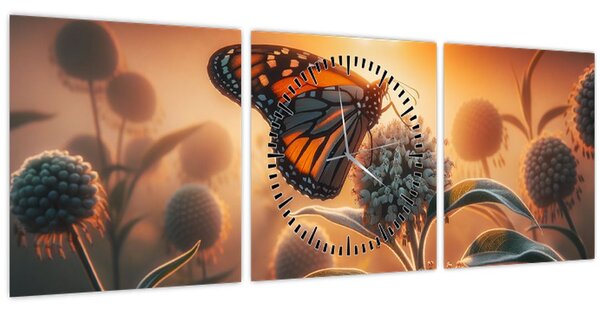 Obraz – Motýľ v zapadajúcom slnku (s hodinami) (90x30 cm)
