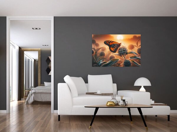 Obraz – Motýľ v zapadajúcom slnku (90x60 cm)