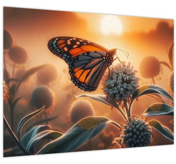 Obraz – Motýľ v zapadajúcom slnku (70x50 cm)