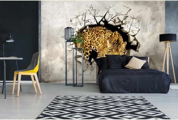DIMEX | Vliesové fototapety na stenu Panter na love MS-5-0233 | 375 x 250 cm | šedá, žltá, čierna