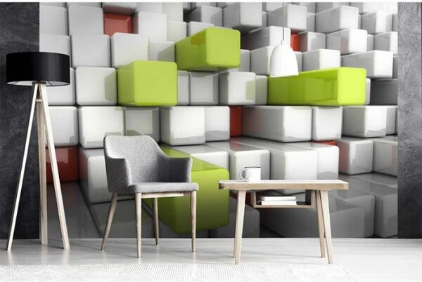 DIMEX | Vliesové fototapety na stenu 3D kocky MS-5-0286 | 375 x 250 cm | biela, šedá, zelená, červená