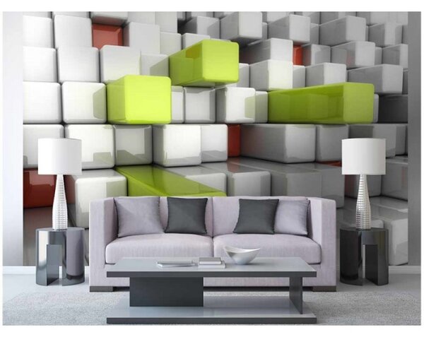 DIMEX | Vliesové fototapety na stenu 3D kocky MS-5-0286 | 375 x 250 cm | biela, šedá, zelená, červená