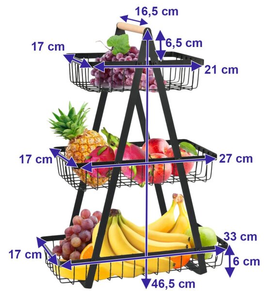Košík na ovocie PULOS 3 úrovne čierny