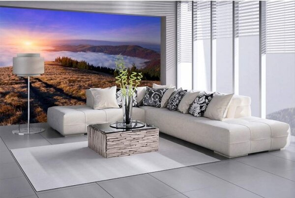 DIMEX | Vliesové fototapety na stenu Svitanie na horách MS-5-0063 | 375 x 250 cm | modrá, hnedá, biela, žltá