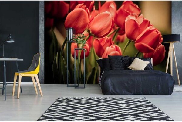 DIMEX | Vliesové fototapety na stenu Červené tulipány MS-5-0128 | 375 x 250 cm | červená, zelená