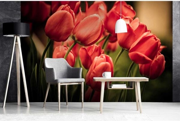 DIMEX | Vliesové fototapety na stenu Červené tulipány MS-5-0128 | 375 x 250 cm | červená, zelená
