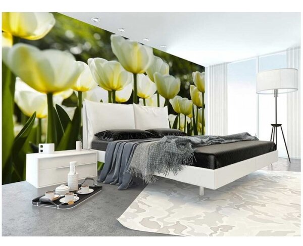 DIMEX | Vliesové fototapety na stenu Biele tulipány MS-5-0127 | 375 x 250 cm | žltá, zelená, biela