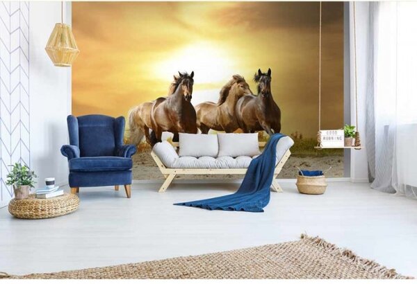 DIMEX | Vliesové fototapety na stenu Kone pri západe slnka MS-5-0227 | 375 x 250 cm | žltá, hnedá