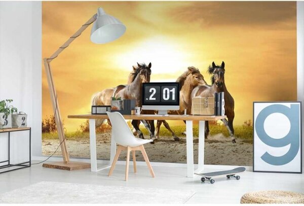 DIMEX | Vliesové fototapety na stenu Kone pri západe slnka MS-5-0227 | 375 x 250 cm | žltá, hnedá
