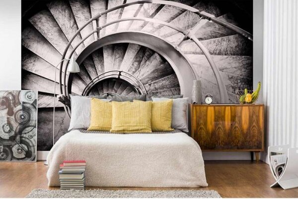 DIMEX | Vliesové fototapety na stenu 3D točité schodisko MS-5-0271 | 375 x 250 cm | čiernobiela