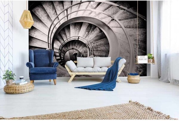 DIMEX | Vliesové fototapety na stenu 3D točité schodisko MS-5-0271 | 375 x 250 cm | čiernobiela