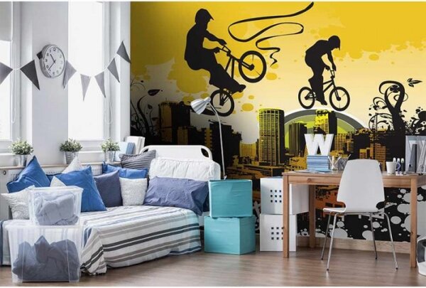 DIMEX | Vliesové fototapety na stenu Cyklisté MS-5-0326 | 375 x 250 cm | žltá, čierna, oranžová