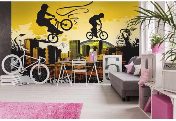 DIMEX | Vliesové fototapety na stenu Cyklisté MS-5-0326 | 375 x 250 cm | žltá, čierna, oranžová