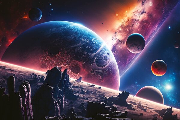 DIMEX | Vliesové fototapety na stenu Planets and Space MS-5-AI-0020 | 375 x 250 cm | čierna, oranžová, modrá, fialová