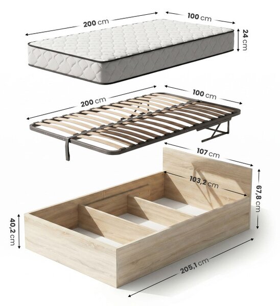 Jednolôžková posteľ so zdvíhacím roštom a matracom 100x200 cm dub sonoma