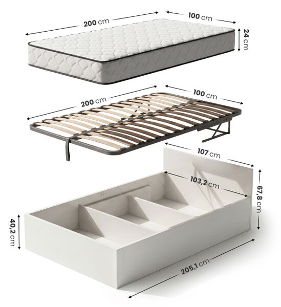 Jednolôžková posteľ so zdvíhacím roštom a matracom 100x200 cm biela