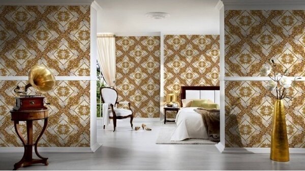 A.S. Création | Vliesová tapeta na stenu Versace 34904-3 | 0,70 x 10,05 m | žltá, hnedá, krémová, metalická