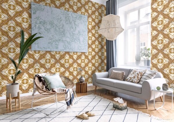 A.S. Création | Vliesová tapeta na stenu Versace 34904-3 | 0,70 x 10,05 m | žltá, hnedá, krémová, metalická