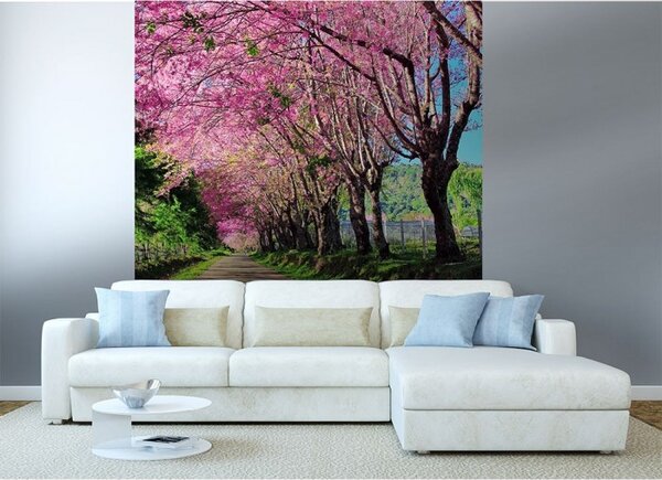 DIMEX | Vliesová fototapeta na stenu Rozkvitnutá alej MS-3-0106 | 225 x 250 cm | ružová, hnedá, zelená, modrá