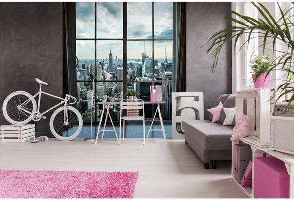 DIMEX | Vliesová fototapeta na stenu Pohľad z okna na Manhattan MS-3-0009 | 225 x 250 cm | šedá, modrá, viacfarebná