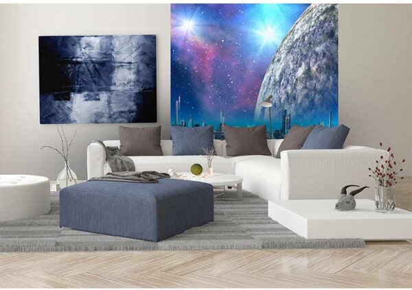 DIMEX | Vliesová fototapeta na stenu Futuristické mesto MS-3-0186 | 225 x 250 cm | modrá, šedá, fialová