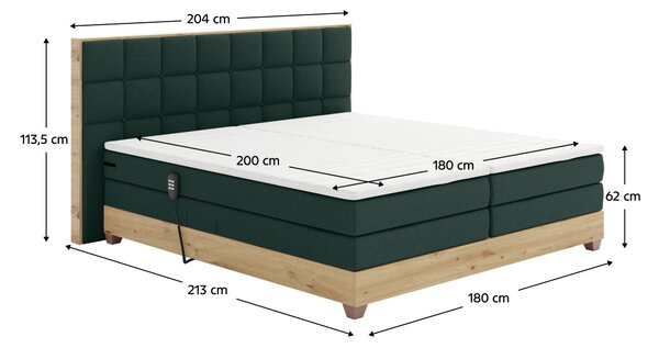 KONDELA Elektrická polohovacia posteľ, boxspring, zelená/dub artisan, 180x200, TIANA