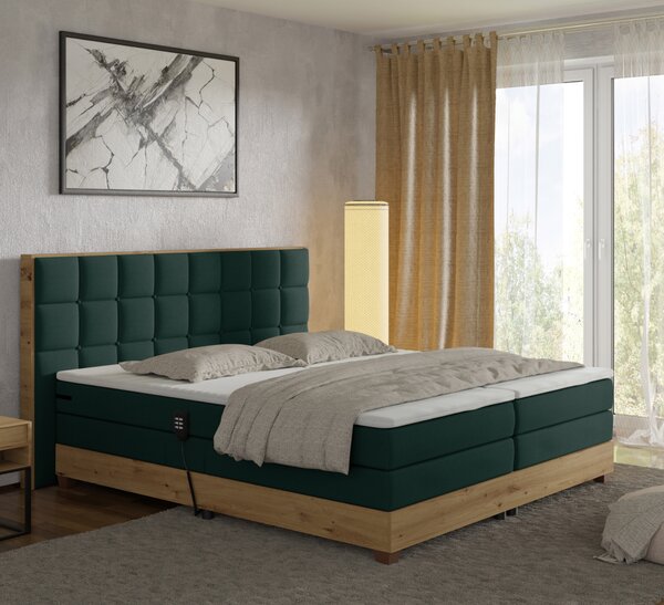 KONDELA Elektrická polohovacia posteľ, boxspring, zelená/dub artisan, 180x200, TIANA