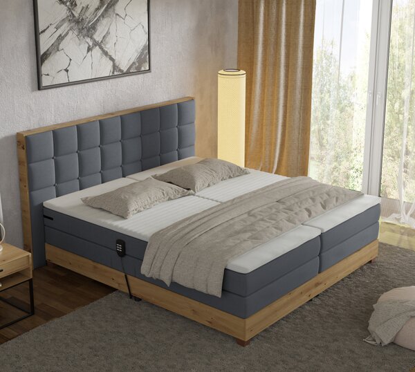 KONDELA Elektrická polohovacia posteľ, boxspring, tmavosivá/dub artisan, 180x200, TIANA