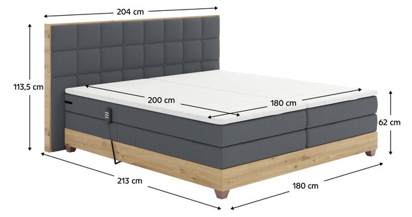 KONDELA Elektrická polohovacia posteľ, boxspring, tmavosivá/dub artisan, 180x200, TIANA