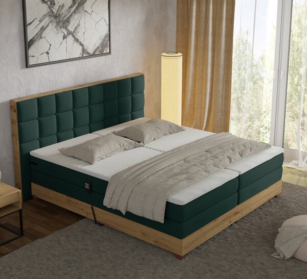 KONDELA Elektrická polohovacia posteľ, boxspring, zelená/dub artisan, 180x200, TIANA