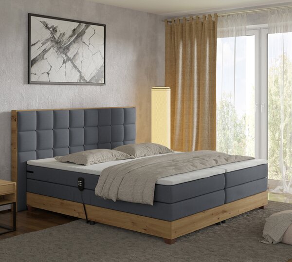 KONDELA Elektrická polohovacia posteľ, boxspring, tmavosivá/dub artisan, 180x200, TIANA