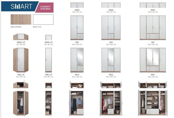Zltahala.sk Šatník Smart 150 cm, dub sonoma / biela, zrkadlo
