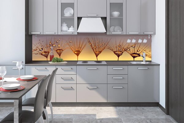DIMEX | Fototapeta do kuchyne Kvapky na púpave KI-260-121 | 260 x 60 cm | modrá, béžová, hnedá