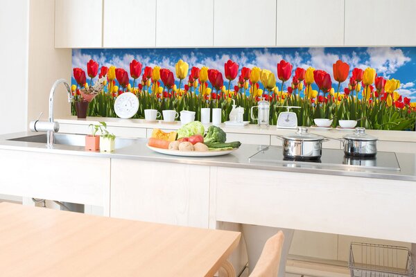 DIMEX | Fototapeta do kuchyne Tulipánové pole KI-350-131 | 350 x 60 cm | zelená, modrá, červená, žltá