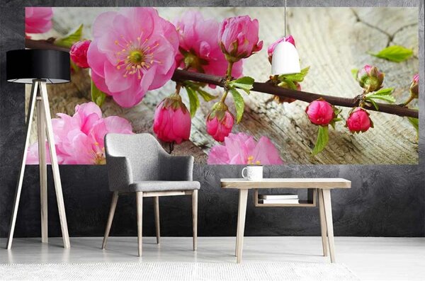 DIMEX | Panoramatická vliesová fototapeta na stenu Sakura MP-2-0109 | 375 x 150 cm | ružová, zelená, béžová
