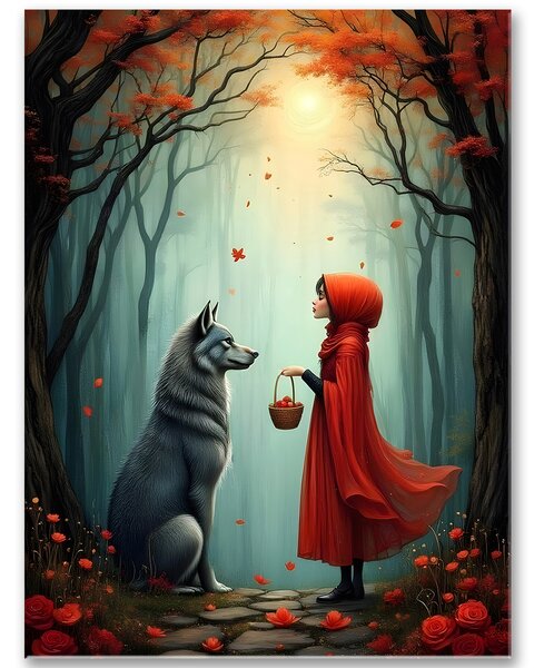 Obraz-na-platne-Cervena ciapocka a vlk v magickom lese 50x70cm