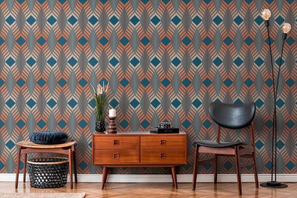 A.S. Création | Vliesová tapeta na stenu Retro Chic 39532-2 | 0,53 x 8,5 m | marhuľová, oranžová, modrá