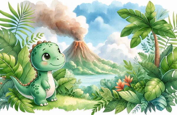 Fototapeta - Dino a sopka (147x102 cm)