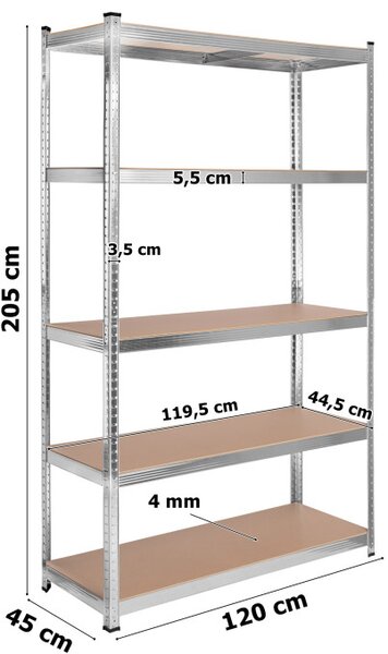 Regál 205x120x45 cm strieborný